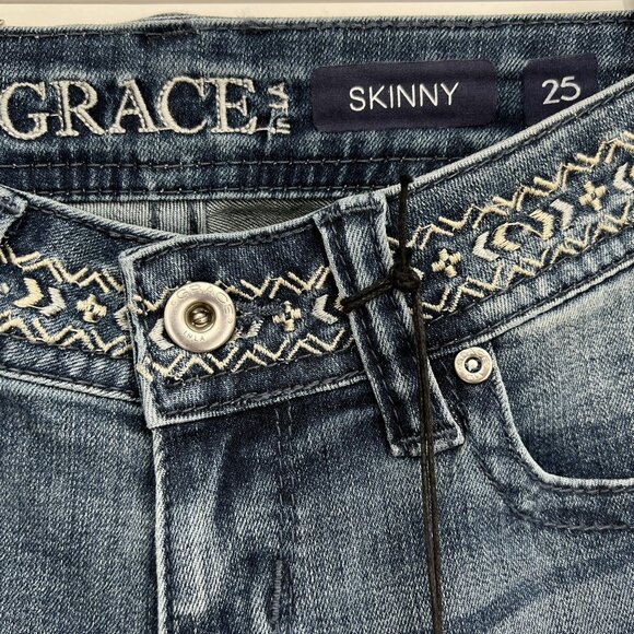 NWT GRACE in LA Women Embroidered Skinny Low Rise Stretch Blue Denim Jeans Sz 25 - Picture 9 of 12